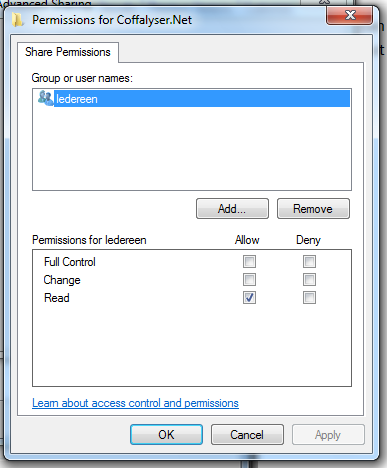 In the Permission for Coffalyser.Net you should now see that the option box under Allow, next to Read, in the box Permission for everybody is checked. In case it is not checked, then check this box.