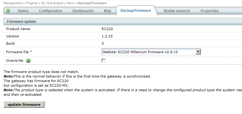 5. Select the firmware file Netbiter EC220 Millenium firmware and click Update Firmware. To reinstall an existing firmware to the same version, check the box for overwrite.