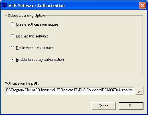 Licensing Procedure Section 12 PLC Connect The MTK Software Authorization dialog box appears (Figure 38). Figure 38. MTK Software Authorization Dialog Box 3.