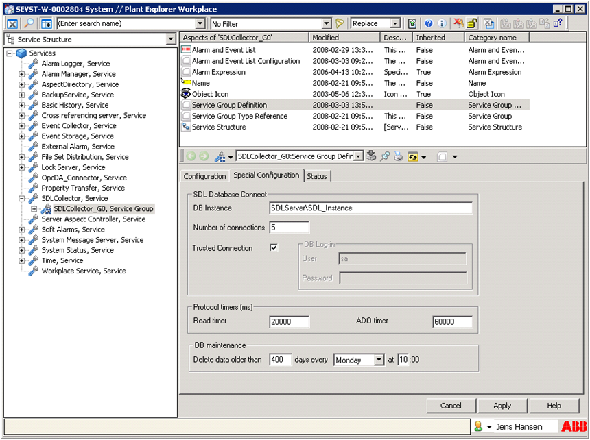 Section 6 Structured Data Logger (SDL) SDL Collector Service Provider Figure 15 shows a typical SDL Collector Service Group configuration. The values will vary depending on the installation.