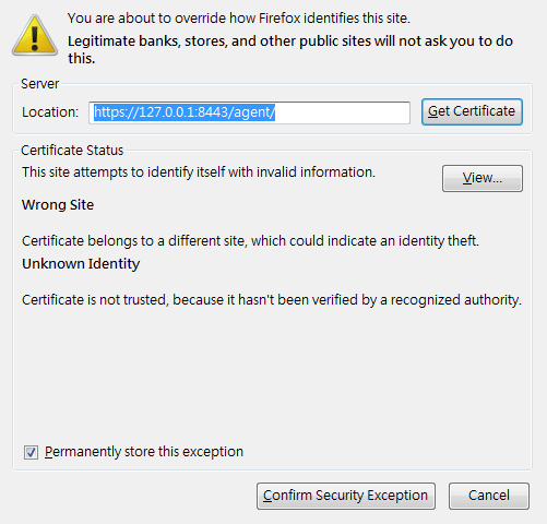 Firefox displays that the security certification is not trusted.