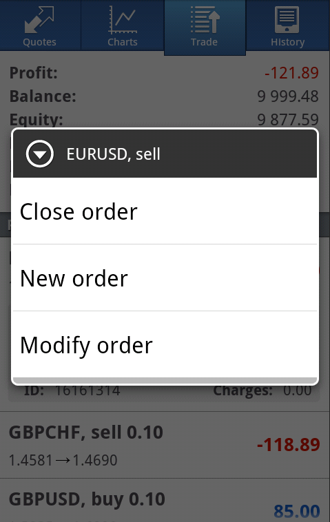 If you would like to edit any of the orders on the Trade tab, then simply highlight the order once by clicking on it, and then hold your finger against it for about one second.