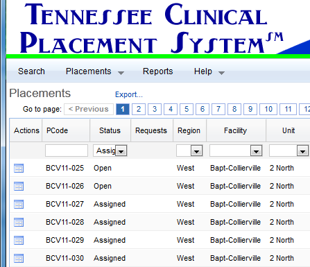 Upon logging into PlacementPro, you will see the Search Screen where selections can be made related to your region, specific facilities, and academic terms.