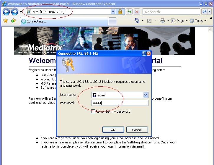 2. Enter the default login name admin and password