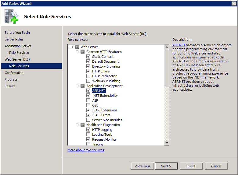 Select Web Server (IIS) On the Web Server Role Services page add