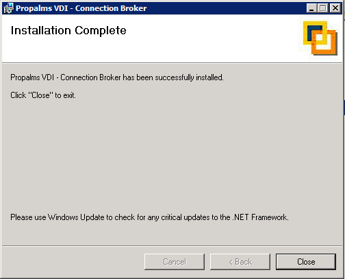 Once the setup is complete you will see the following screen which completes the VDI connection broker installation.