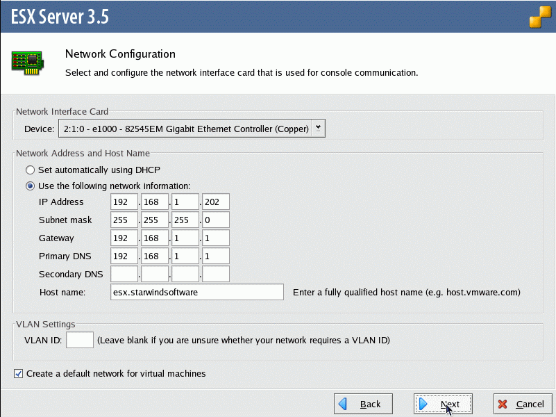 On the Network Configuration dialog, specify the network options.