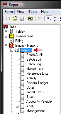 Reports Preview Reports (view and print) The Reports section lists all Juris Reports. The reports are sorted by categories. Click on Reports and the list of report categories will appear.