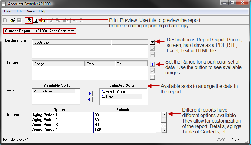 A window containing the requested report displays. 4. To select or change a report s output format or destination printer, use the drop down menu in the Destinations field. 5.