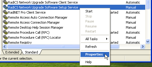 3. Click the right mouse button on RadiCS Network Upgrade Software Client Service and select [Properties]. 4. The RadiCS Network Upgrade Software Client Service Properties screen appears.