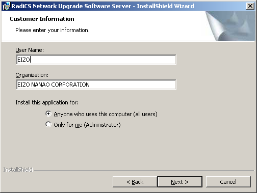 3. The Choose Setup Language screen appears. Select the language and click [OK]. 4. The RadiCS Network Upgrade Software Server - InstallShield Wizard screen appears. Click [Next]. 5.