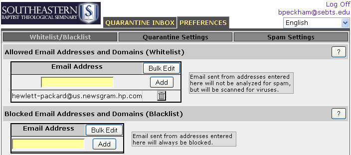 Changing your Preferences Whitelist/Blacklist: The Preference tab allows you to modify your Whitelist and Blacklist, adjust the frequency of the Spam Quarantine Summary emails, and view filter