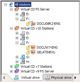 Virtual CD NMS v10 Manual The Physical drives tab shows all physical drives on the client: Active drives: The Active drives view shows the drives in your NMS environment in a tree diagram: This view,