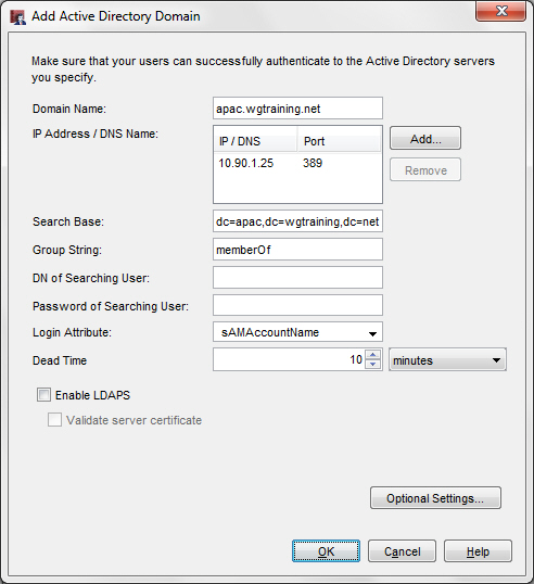 Configure the XTM Device From Policy Manager: 1. Select Setup > Authentication > Authentication Servers. The Authentication Servers dialog box appears. 2. Select the Active Directory tab. 3.