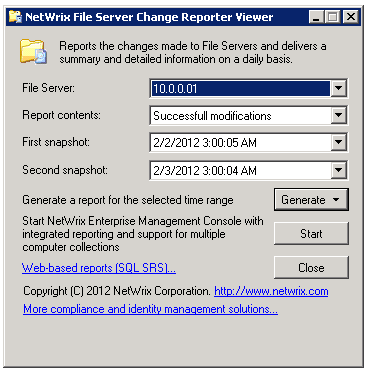 Figure 19: NetWrix File Server Change Reporter Viewer 2. In the NetWrix File Server Change Reporter Viewer dialog, select the file server, report contents and snapshots by date. 3.