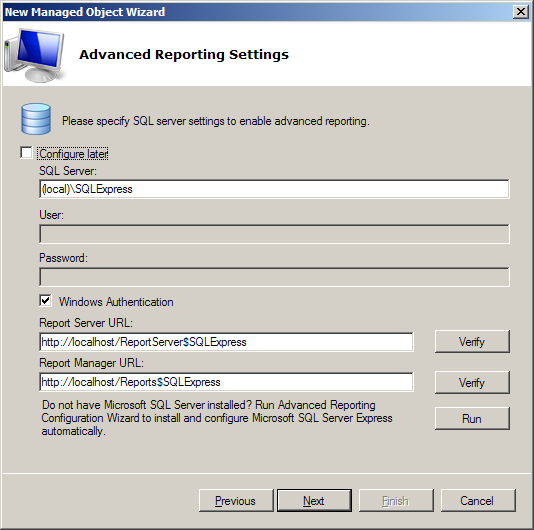 8. On the Advanced Reporting Settings screen, you must specify the settings that will be used for Advanced Reporting: SQL Server where the product database (with data collected for the reporting