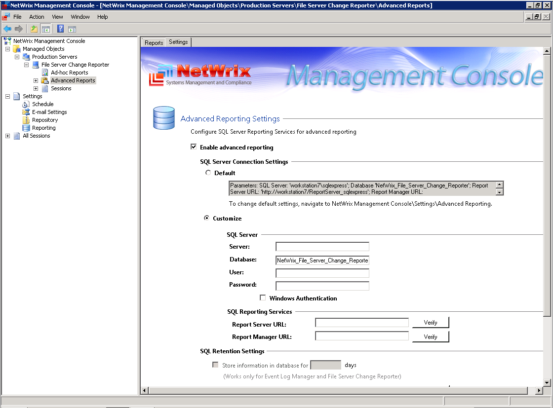 Figure 56: Advanced Reporting Settings On the Advanced Reporting Settings screen, you can modify the required settings by selecting the relevant