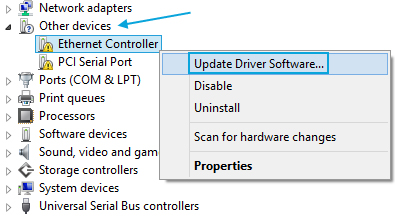 4. Expand the Other Devices section, and right-click on the newly detected Ethernet