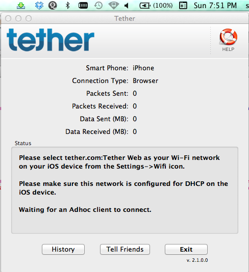 Once you click OK, the Tether application will setup your ad-hoc network.