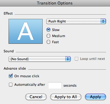 Slide Transitions Transitions perform an effect as you move from one slide to the next. In PowerPoint 2008, transitions can be added by using the Transitions tab in the Elements Gallery. 1.
