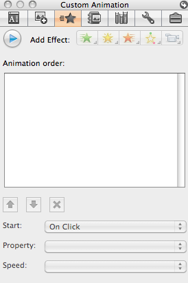 Note: To preview your transition, click on the word View in the Apple menu bar and choose the Custom Animation option. The Custom Animation dialog will open. Click on the Preview icon.