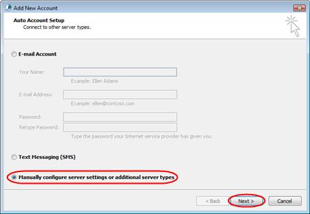 Step 3 Select Manually configure server settings or additional server types and click Next. Step 4 Select Internet E-mail and click Next.