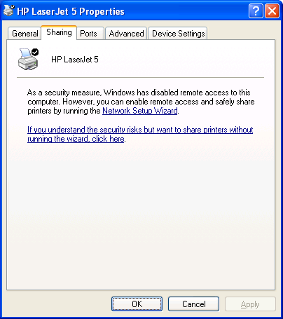 Enabling File and Printer Sharing For computers that are running Windows XP Home Edition and Windows XP Professional that are members of a workgroup, file and printer sharing is disabled by default.