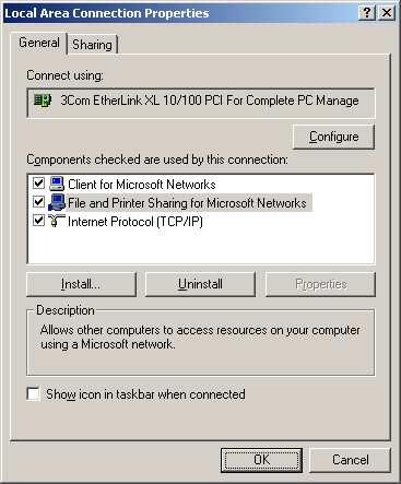 If it is not installed, click Install. In Select Network Component Type, double-click Service. In Select Network Service, double-click File and Printer Sharing for Microsoft Networks. Click Close.