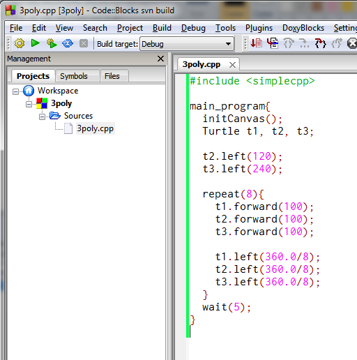 10. Click on project node and double click on 3poly.cpp to open the file in editor. When the 3poly.