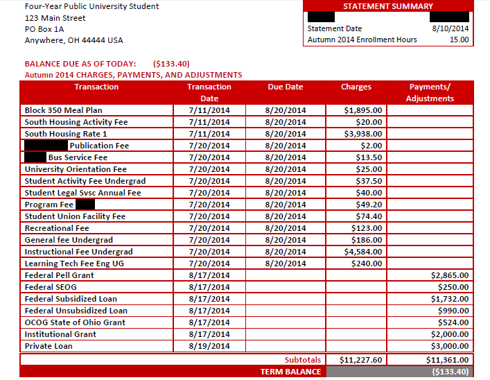 Ohio Public Four Year University Statement of Account *Note fees *Also note the Charges are $11,227.