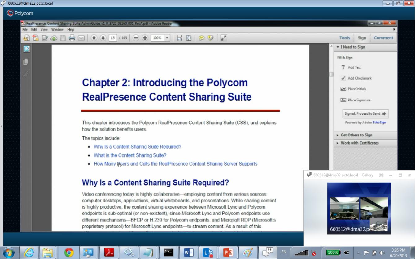 Chapter 8: Viewing and Sharing Content In the following example, a meeting participant is sharing a program (in this case, a Microsoft Word