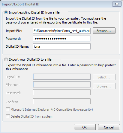 3. Under Digital IDs click on Export/Import then browse and search for your Authentication certificate.