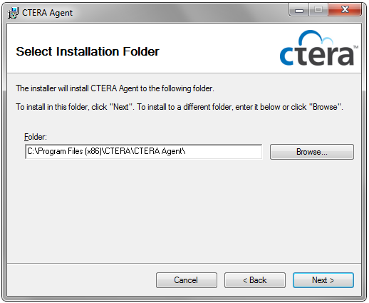 Installing the CTERA Agent 2 The License Agreement dialog box appears. 4 Choose I Agree. 5 Click Next.