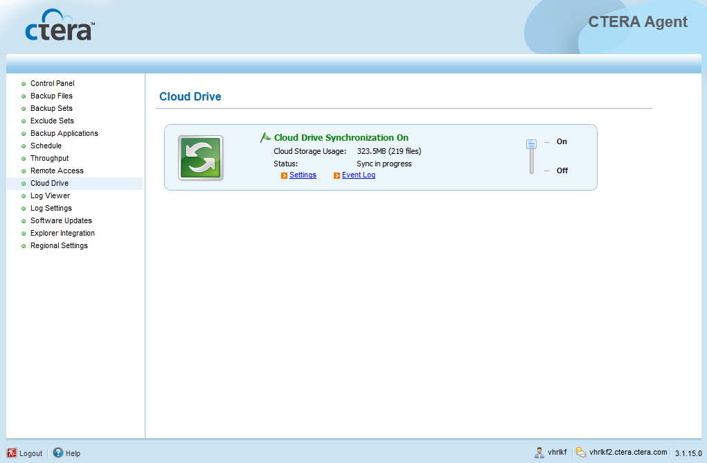 4 Using the CTERA Agent in Cloud Agent Mode The Cloud Drive page appears. 2 Slide the lever to the On position.