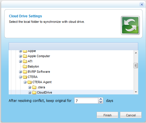 Using the CTERA Agent in Cloud Agent Mode 4 To disable cloud drive synchronization 1 In the navigation pane, click Cloud Drive. The Cloud Drive page appears. 2 Slide the lever to the Off position.