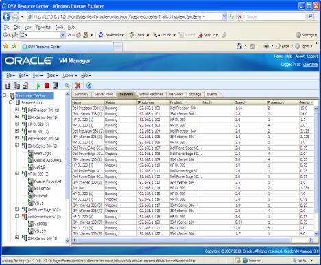 Oracle VM for x86 Systems Server Virtualization and Management Oracle VM Manager & Enterprise Manager Manage hundreds- or thousands of servers Central Java management server Web browser-based