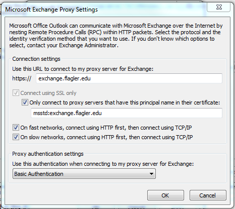 In the Exchange Proxy Settings window input exchange.flagler.edu as the URL to the proxy server for Exchange. Also make sure to check both "On fast networks.