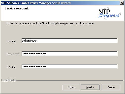 7. In the Service Account dialog box, when prompted for a Windows domain user account to run the NTP Software Smart Policy Manager service,