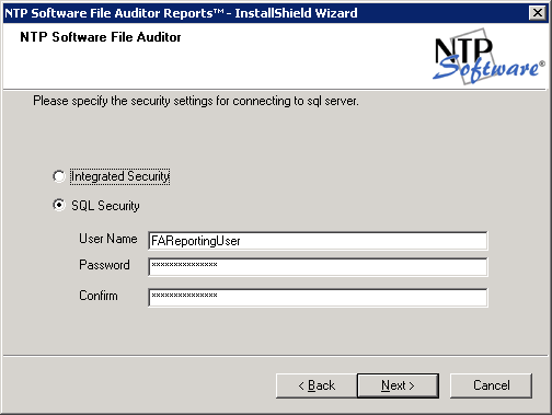 7. In the NTP Software File Auditor dialog box, specify the SQL Server name and the database name hosted on the SQL Server. Click Next. 8.
