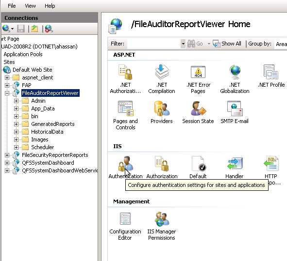 4. In IIS, choose the FileAuditorReportViewer website and