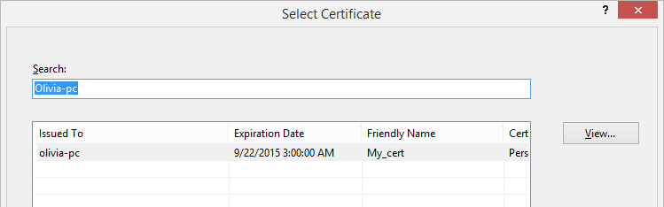 10. Next to the SSL certificate drop-down list, click Select. 11. The Select Certificate window opens, where the list of existing certificates is displayed. 12.