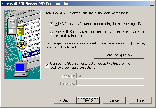 SQL Server login each time you establish a new connection to the SQL Server. Click the Client Configuration button to specify which network library will be used to communicate with the server.