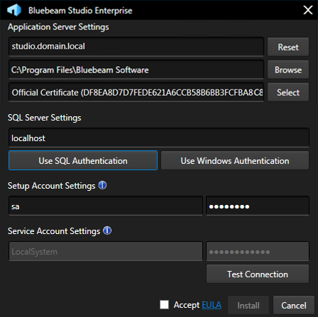 3. Under Application Server Settings, enter the following information: The Hostname or IP Address of the Studio Enterprise server. Click Reset to populate this field with the computer name.