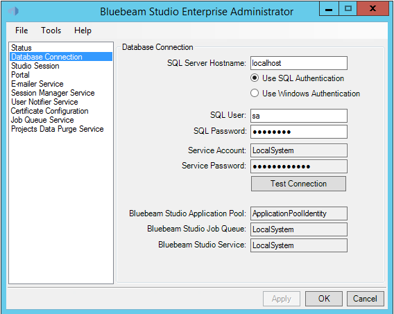 The Database Connection tab allows Studio administrators to change the database connection and authentication method used by Studio
