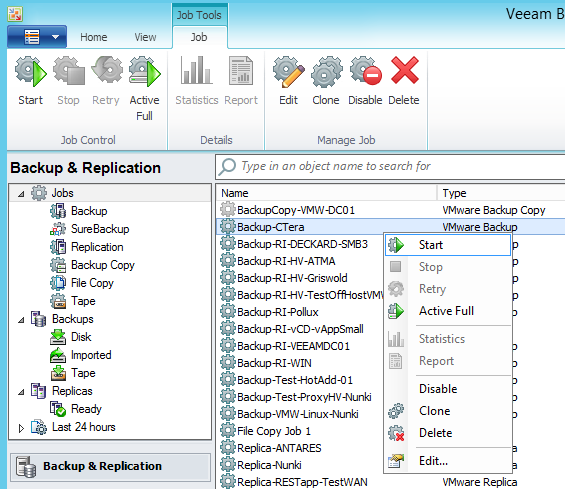 2 Backing Up the CTERA VM Running a Veeam Backup Job To run a Veeam backup job 1 Log in to the Veeam Backup & Replication Center with administrative credentials. 2 Click on the Jobs tab.