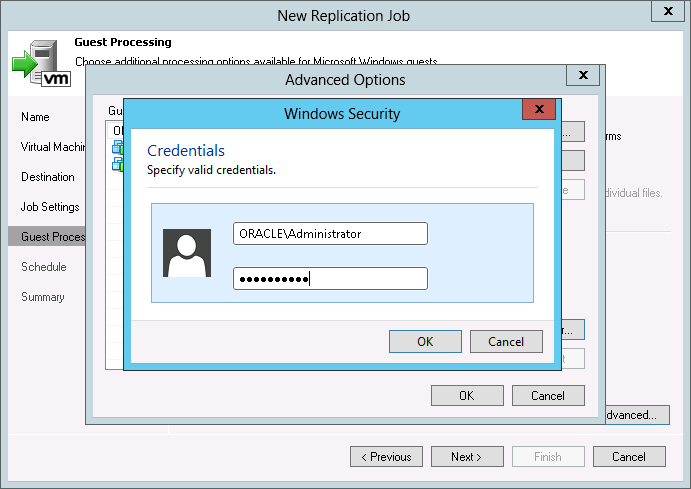 Click Advanced to specify advanced option for Veeam VSS processing. The Advanced Options section contains a list of VMs that will be processed with Veeam VSS.