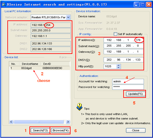 Figure 4 Operation Steps: 1) Click Search (F3) 2) Choose the device 3) Change the IP address of camera according to the