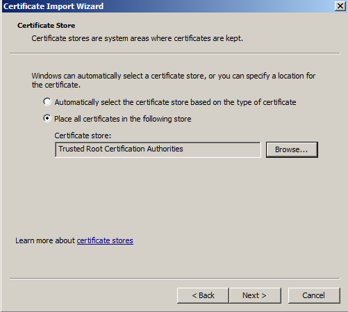 5. Right-click the gd-class2-root.cer file. Choose Install Certificate. 6. Place the certificate in the Trusted Root Certificate Authorities store and then choose Next.