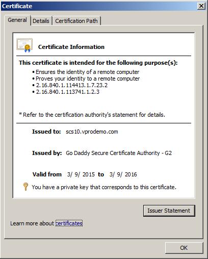 5.3 Verify the Certificate Chain 1. To verify the chain, double click SCS10.vprodemo.com. 5.