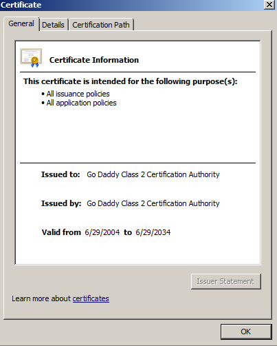 6. Check that the certificate is mapped to the intermediate Certificate Authorities as shown.